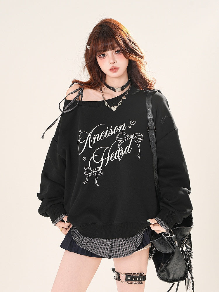 Sweatshirt zum Binden, asymmetrischer Ausschnitt, karierter Saum, schwarz/grauer Schultergurt