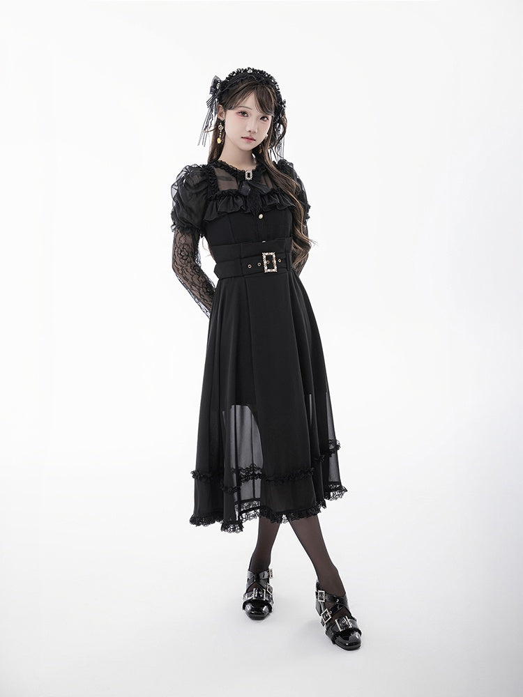Skirt with Buckle Belt Black High Waist Mesh Overlay