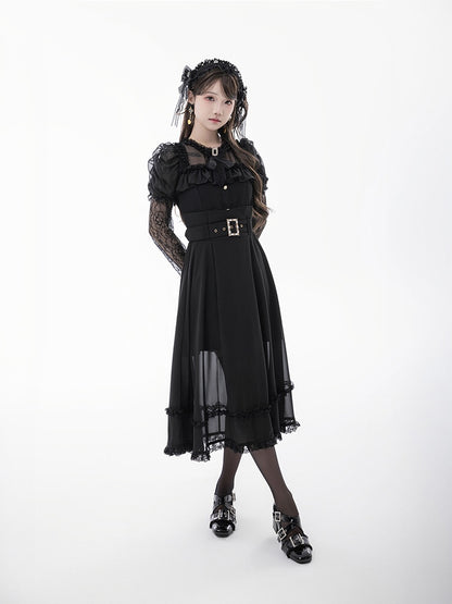 Skirt with Buckle Belt Black High Waist Mesh Overlay