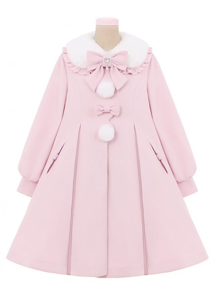 Manteau long à col en peluche rose avec nœud et cape amovible