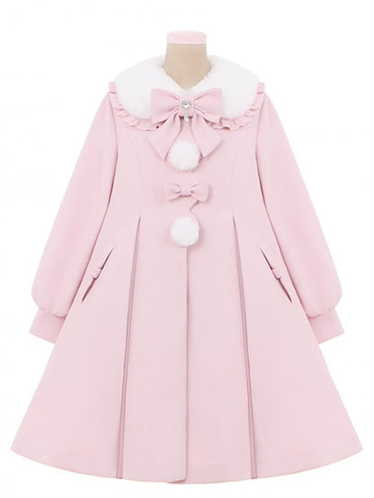 Manteau long à col en peluche rose avec nœud et cape amovible