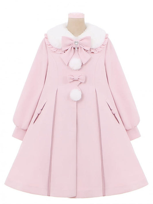 Pink Plush Collar Bow Accents Long Coat