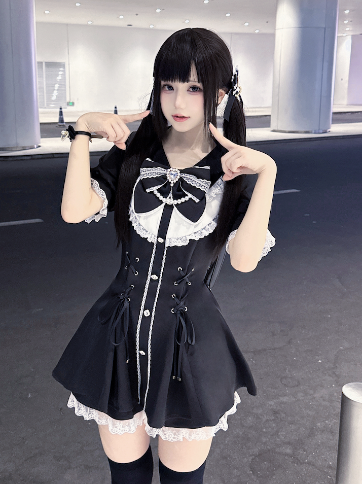 Jirai Embellished Kei Set White Lace-up Waist Rhinestones Mini Dress+Shorts Black Details