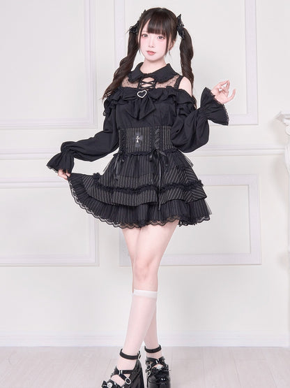 and Detail Long Top Illusion Sleeve Blouse Shoulder Jirai with Black Open Neckline Kei