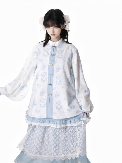 White Floral Pattern Banded Collar Knot Buttons Style Rococo Blue Cheongsam Blouse