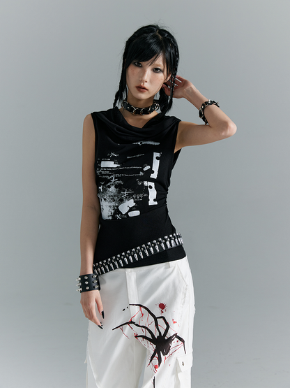 With White Print Black Knit Hooded Tank Top Letter