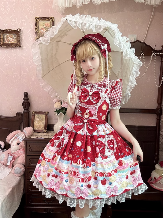 Wein Cottagecore Erdbeerkuchen Druck Süßes Lolita Kleid Rot JSK Country