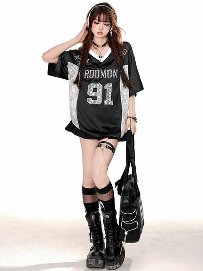 Grey/Black Lace Patchwork V-neck Sporty T-shirt
