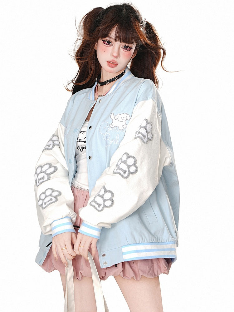 Blau/Pinke Baseballjacke mit süßer Welpen-Applikation auf der Rückseite