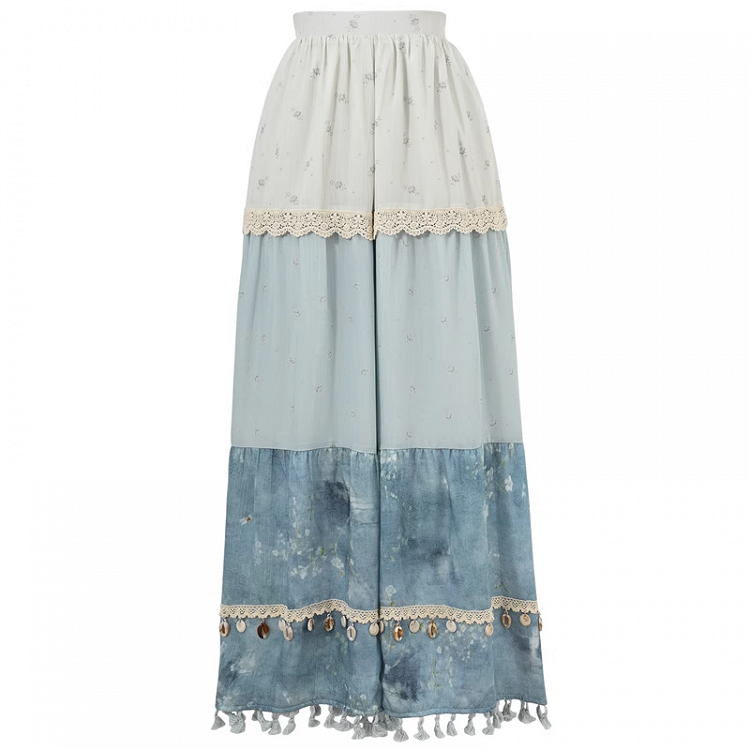 Tassel Hem Shell Charm Wide-Leg Holiday Pants Blue Colorblock Design