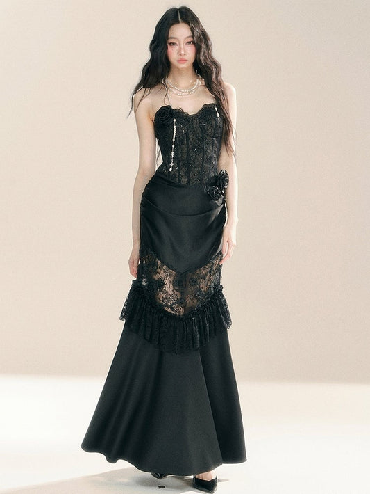 Black Floral Lace Corset Bodice Patchwork Dress Evening Gown