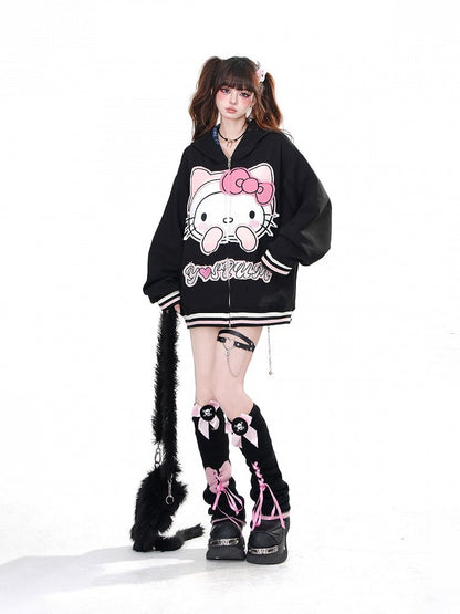 Apricot/Black Kitty Embroidery Oversized Zip Closure Hoodie
