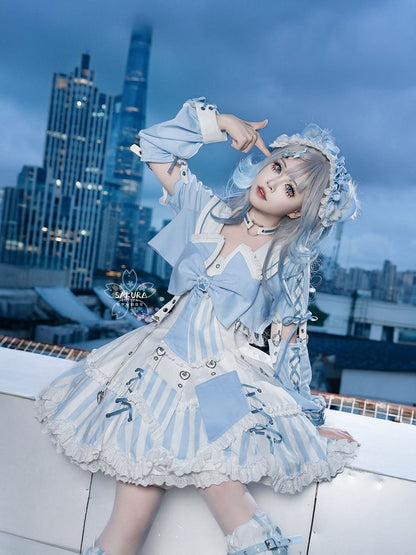 Kitty Light Bow Kaiwai Set Blue JSK Dress Cropped Tenshi Lolita Sailor Striped Big Top Pattern Ears + - Collar
