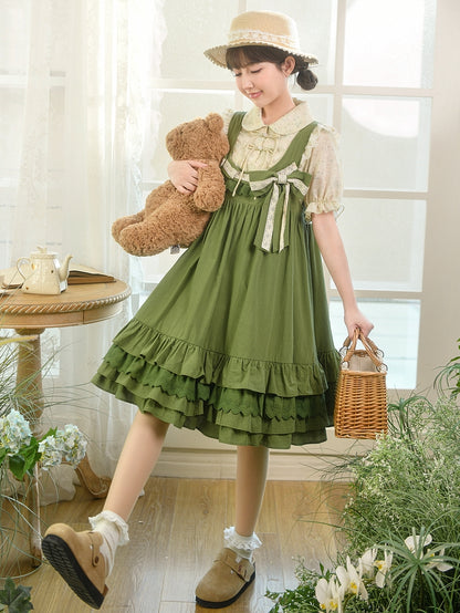 Sweet Hem Overall Dress Bowknot Ruffle with Detachable Green