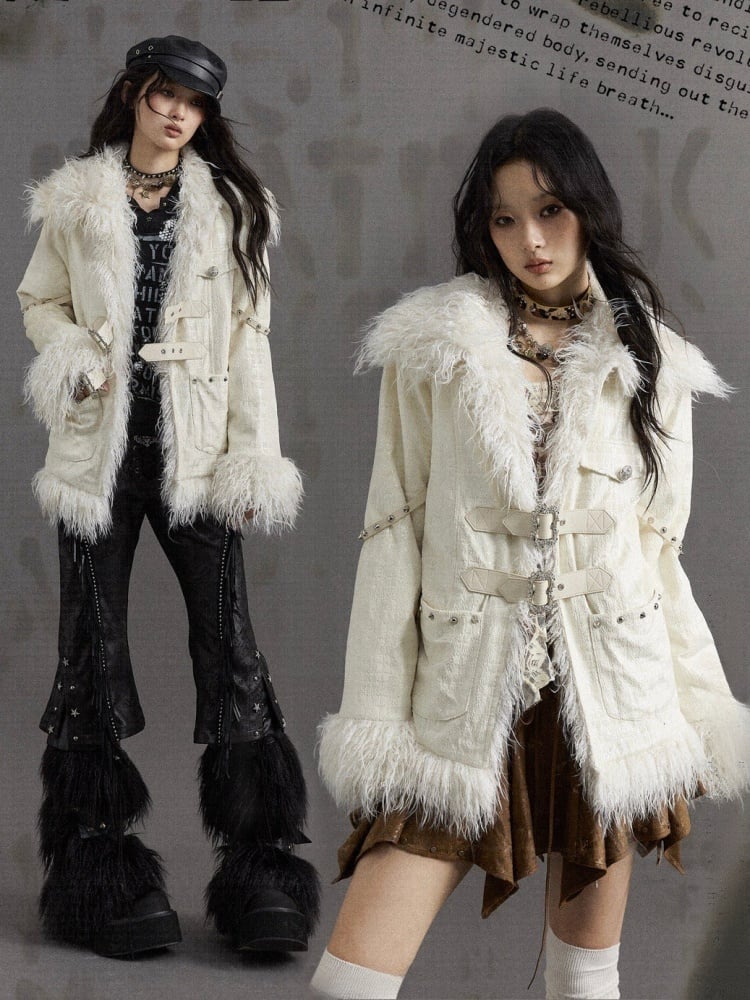 Silver Buckles and Studs Milk White Punk Loose Winter Coat