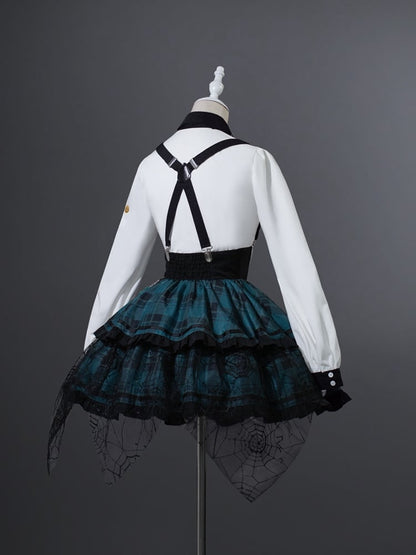Overall Punk and Lace-up Waist Black Plaid Detail Corset Lolita Dress Green