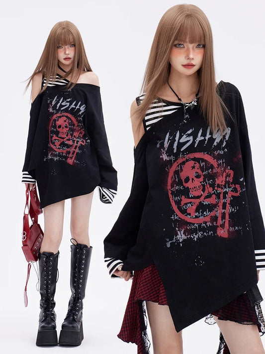 Print Skeleton Punk Top Faux Two-pieces Glamorous Black Asymmetrical Neckline and Hem