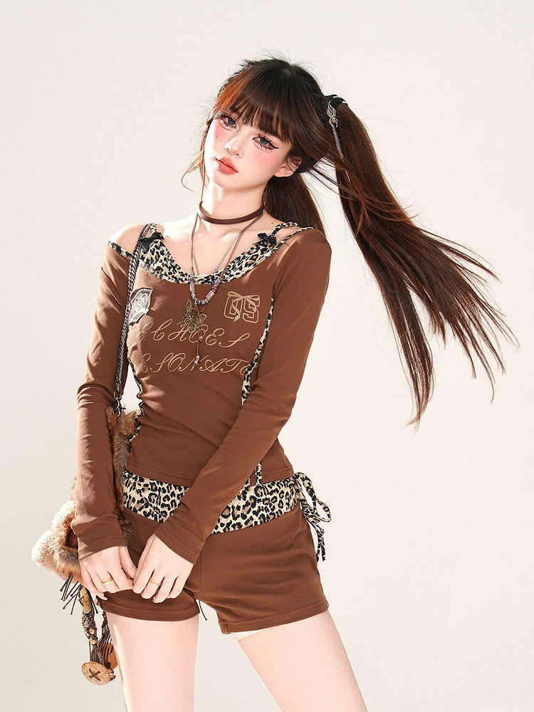Gyaru Fashion Brown Leopard Pattern V-neck Sports Glamorous Top Faux Two-pieces