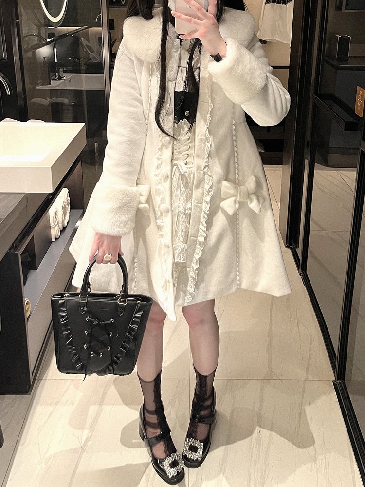 Jirai Kei White/Black Detachable Cape Bowknot Details Landmine Style Coat