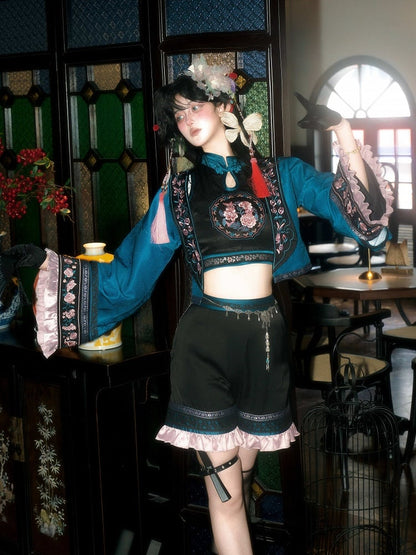 Sleeves Sleeveless Ouji Lolita Floral Chinoiserie + - Cropped Long Outfit Embroidery Shorts Style Top