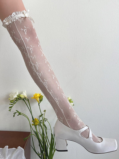 Over-Knee Rosette Lace Stockings White/Black/Beige