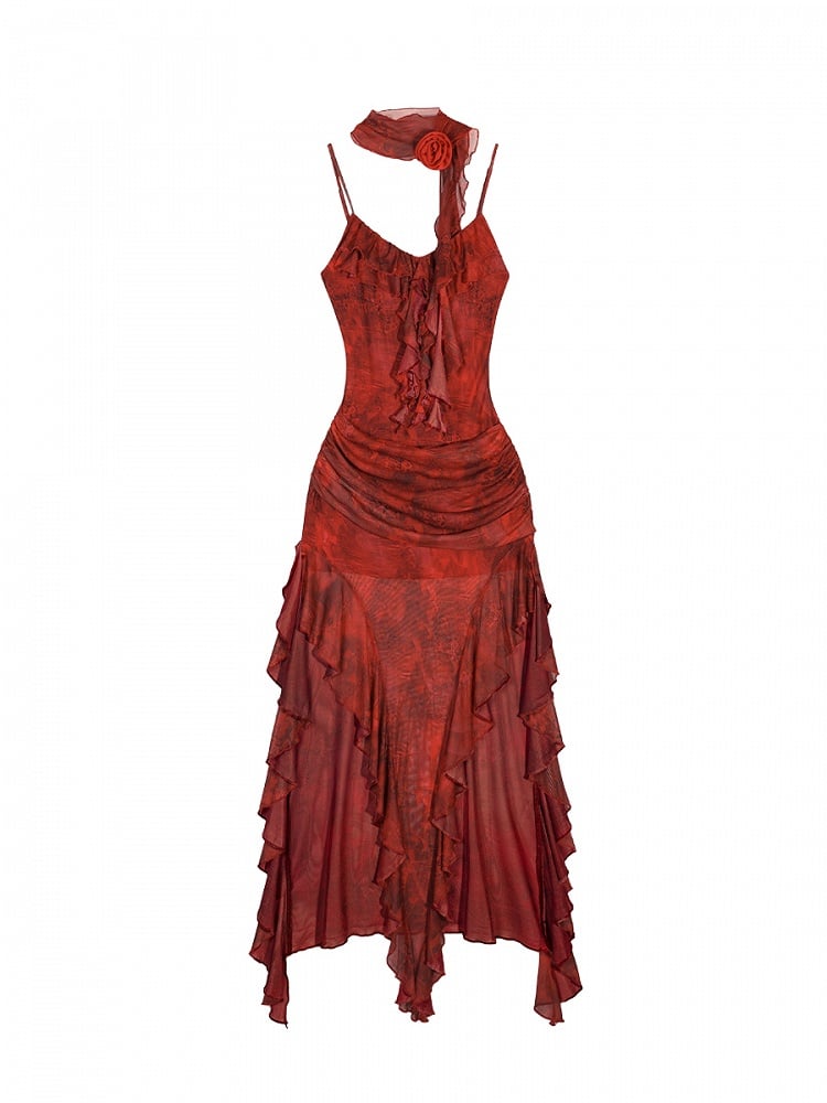 Slip Red Asymmetrical Tie-Dye Brooch Floral Print Layered Mesh with Flame Dress Hem