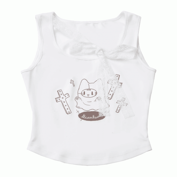 with Self-tie Strap White Cat Print Tank Top Neckline