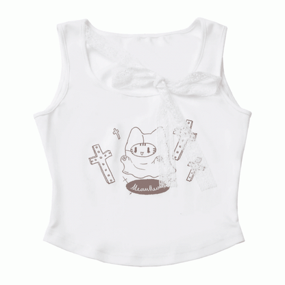 with Self-tie Strap White Cat Print Tank Top Neckline