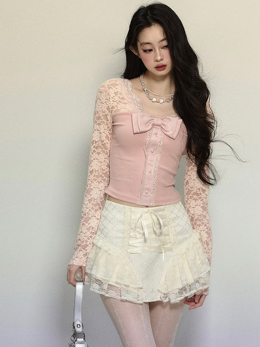 Pink Bowknot Details Lace Sleeves V-neck Knit Top