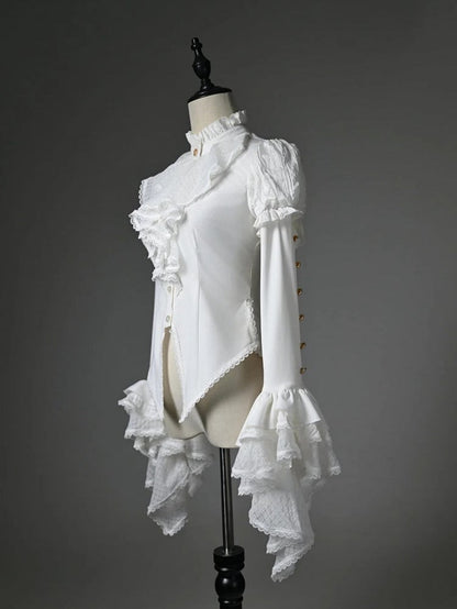 White High-low Long Sleeves Neck Jabot Hem Shirt High Ruffled