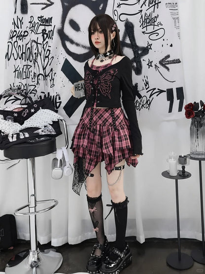Top Faux Y2K Lace-up Front Butterfly Print Black Pink Plaid Two-pieces and
