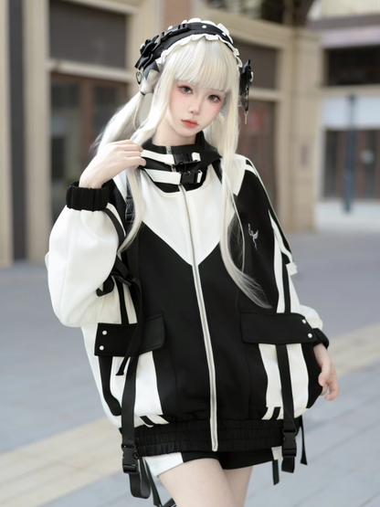 White and Landmine Black Baggy Set: Techwear Jacket