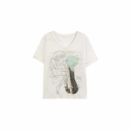 Grün/pinkes T-Shirt mit V-Ausschnitt und Anime-Mädchen-Print