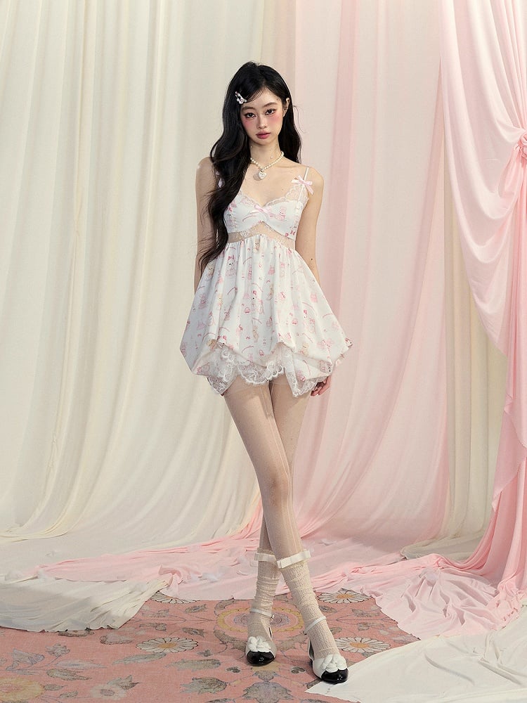 White Cutout Slip Dress Skirt Cute Animal Bubble Print Mini Midriff