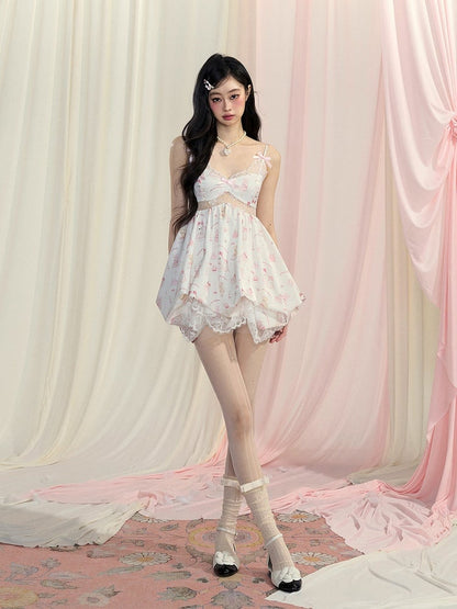 White Cutout Slip Dress Skirt Cute Animal Bubble Print Mini Midriff