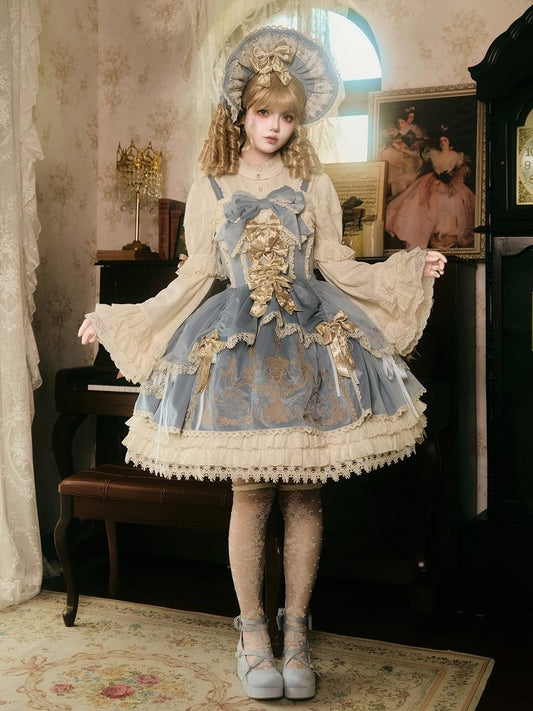 Blue Velvet JSK Dress Lolita Embroidery Bows Decoration Candle /