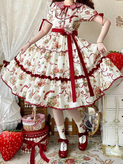 Dress Sleeves Short Strawberry Creamy Lolita Teddy Print and White