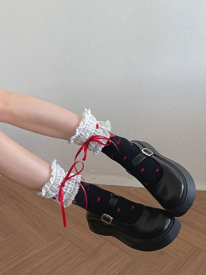 Strawberry Details Lace Socks Sweet White/Black Trim Bowknot Calf