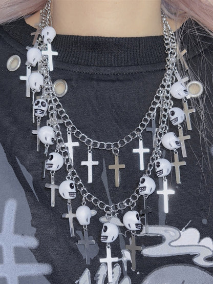 Pendant Necklace Punk Skeleton Cross Silver And