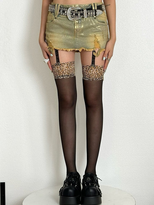 Leopard Suspender Black Pattern Y2K Stockings Semi-sheer