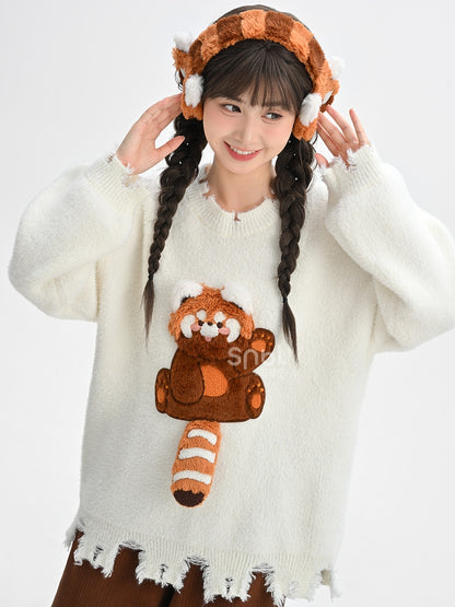 White Cute Red Panda Adorned Distress Trim Loose Sweater