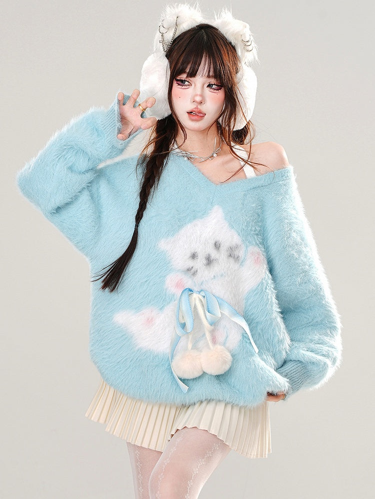 Pink/Blue Cute Kitty Pattern Bowknot Details Halter Neck Soft Sweater