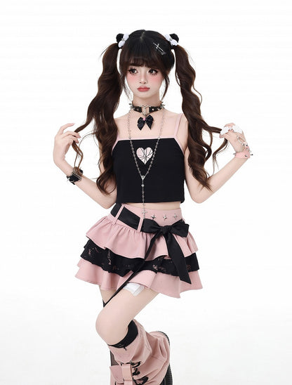 Pink Bittersweet Mini Tiered Skirt with Detachable Bow