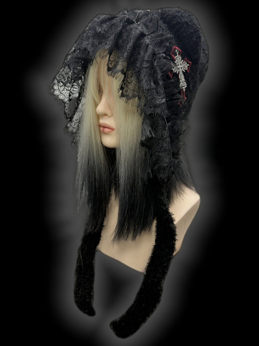 Gothic Black Studs Adorned Lace Trim Cross Charm Knit Hat