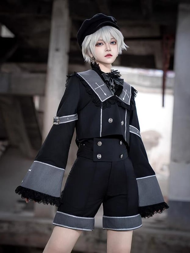 Ouji Long Square and Top Black Lolita Gray Cross Cropped Embroidery Collar Sleeves