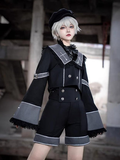Ouji Long Square and Top Black Lolita Gray Cross Cropped Embroidery Collar Sleeves