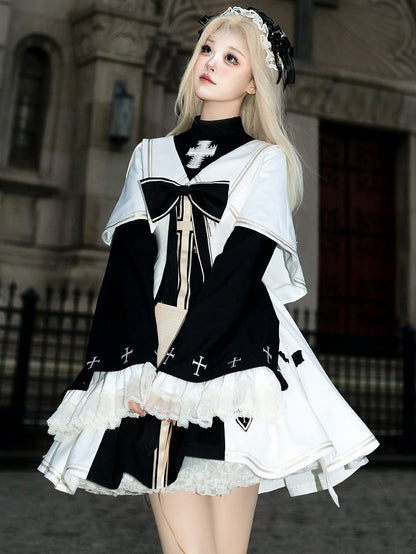 White and Black Nun Lolita Dress Full Set-Bell Sleeves Nun Dress + White Cape + Black Bow Accessory
