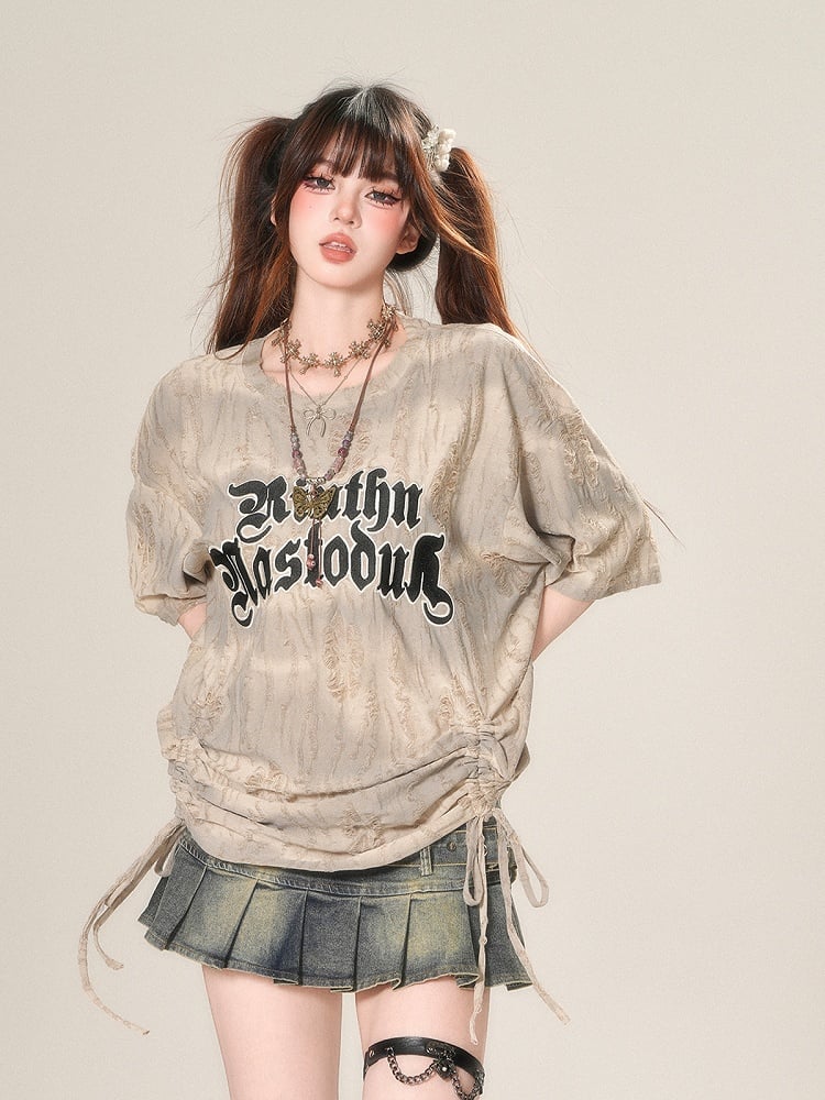 Loose Apricot Letter Print Drawstring Waist Distressed Holes T-Shirt
