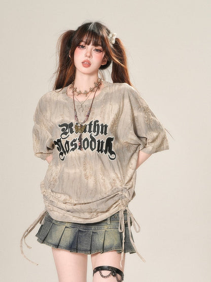 Loose Apricot Letter Print Drawstring Waist Distressed Holes T-Shirt