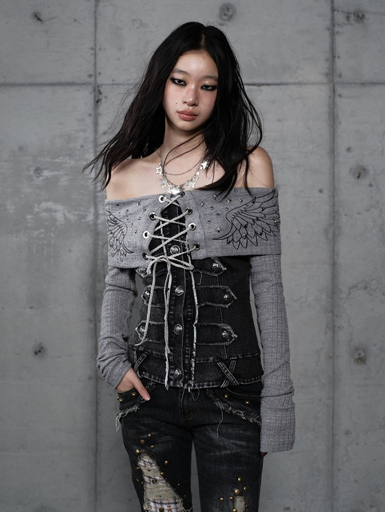 Top Knit Grey with Panels Off-Shoulder Denim Design Vintage Punk